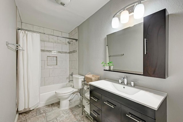 3310 Monument Dr, Round Rock, TX 78681 - bathroom with vanity, shower / bathtub combination with curtain, and a textured wall