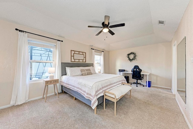 3310 Monument Dr, Round Rock, TX 78681 - bedroom with a desk, carpet floors, baseboards, a tray ceiling, and a textured ceiling
