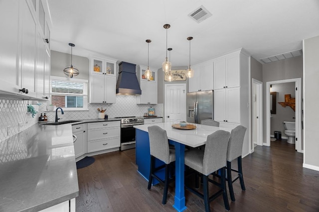 2003 Red Oak Cir, Round Rock, TX 78681 - kitchen featuring appliances with stainless steel finishes, a sink, custom range hood, and dark wood-style floors