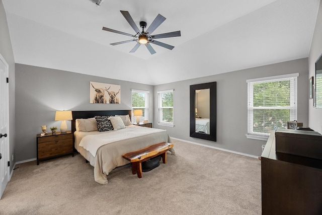 2003 Red Oak Cir, Round Rock, TX 78681 - bedroom featuring light carpet, vaulted ceiling, and ceiling fan