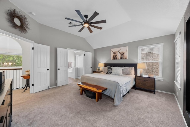 2003 Red Oak Cir, Round Rock, TX 78681 - bedroom featuring light colored carpet, lofted ceiling, connected bathroom, and ceiling fan