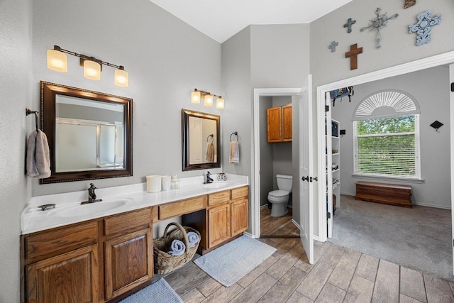 2003 Red Oak Cir, Round Rock, TX 78681 - full bathroom featuring toilet, double vanity, wood finished floors, baseboards, and high vaulted ceiling