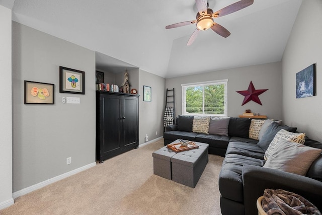 2003 Red Oak Cir, Round Rock, TX 78681 - living area featuring light carpet, vaulted ceiling, baseboards, and ceiling fan