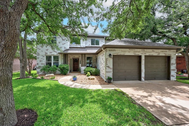 2003 Red Oak Cir, Round Rock, TX 78681 - traditional home featuring an attached garage, concrete driveway, a front lawn, and brick siding