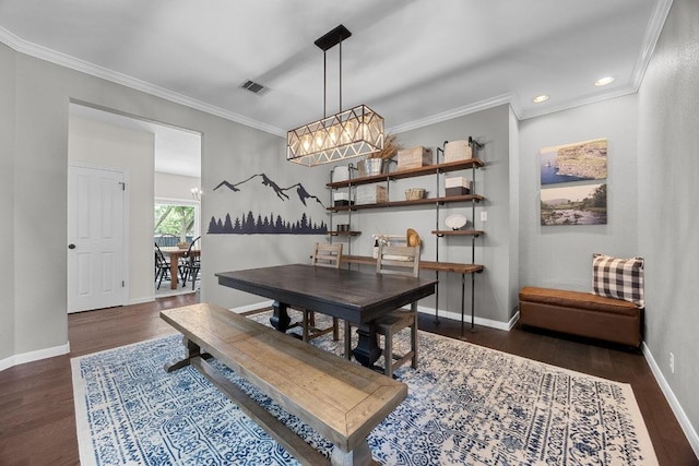 2003 Red Oak Cir, Round Rock, TX 78681 - dining space featuring a chandelier, dark wood-style flooring, ornamental molding, baseboards, and recessed lighting