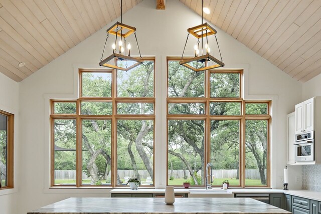 2819 Cross Rd, San Marcos, TX 78666 - kitchen with a sink, plenty of natural light, light countertops, white cabinets, and wood ceiling