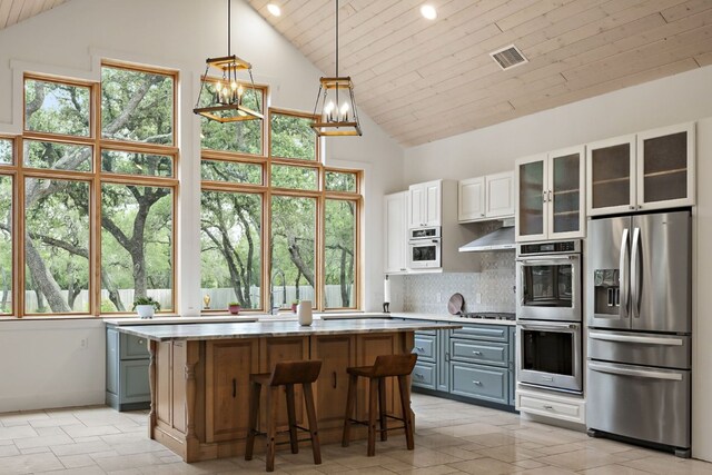 2819 Cross Rd, San Marcos, TX 78666 - kitchen with appliances with stainless steel finishes, gray cabinets, high vaulted ceiling, healthy amount of natural light, and wooden ceiling