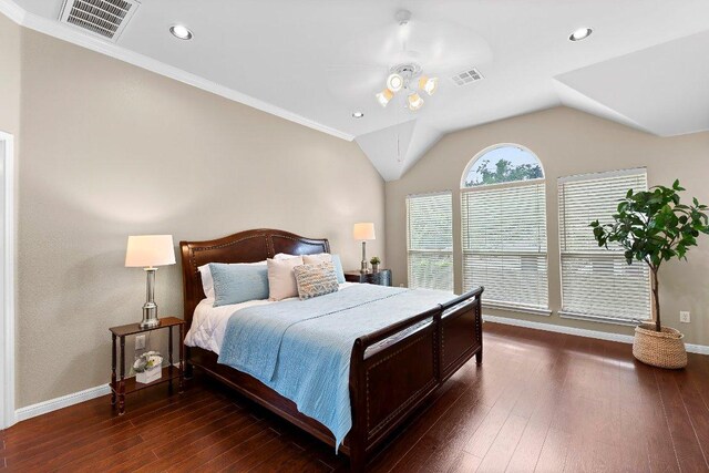 3712 Cerulean Way, Round Rock, TX 78681 - bedroom featuring wood-type flooring, recessed lighting, vaulted ceiling, and ornamental molding