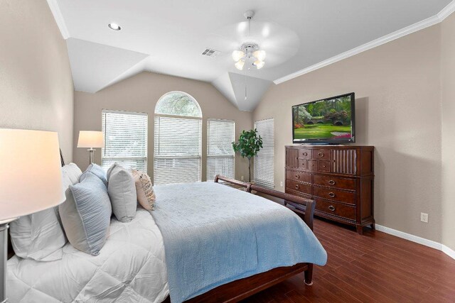 3712 Cerulean Way, Round Rock, TX 78681 - bedroom with wood finished floors, ceiling fan, crown molding, and vaulted ceiling