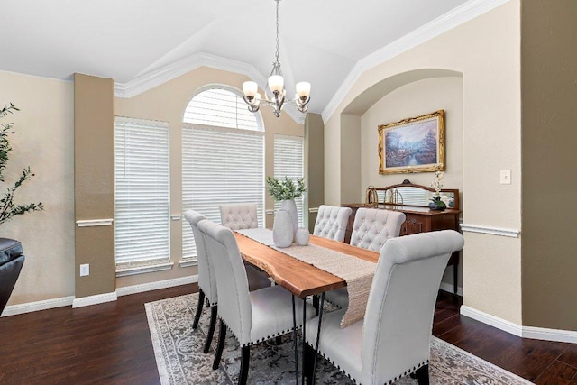 3712 Cerulean Way, Round Rock, TX 78681 - dining space with a chandelier, vaulted ceiling, wood finished floors, and ornamental molding