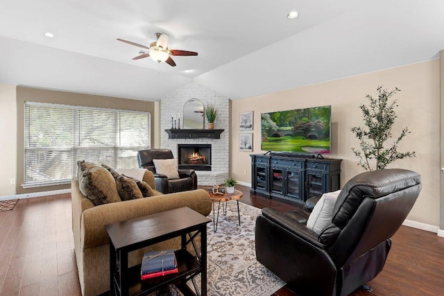 3712 Cerulean Way, Round Rock, TX 78681 - living area with a fireplace, ceiling fan, vaulted ceiling, and wood finished floors