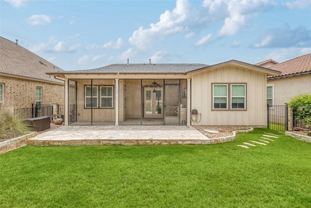 204 Hopping Peach St, San Marcos, TX 78666 - rear view of property with a patio area, ceiling fan, board and batten siding, and central air condition unit