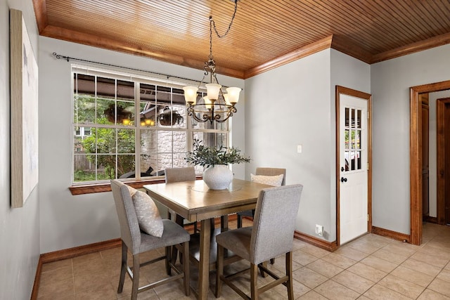 3 Hillview Dr, Round Rock, TX 78664 - dining space with crown molding, baseboards, a chandelier, wooden ceiling, and light tile patterned flooring