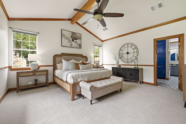 3 Hillview Dr, Round Rock, TX 78664 - carpeted bedroom featuring baseboards, ornamental molding, ceiling fan, and ensuite bathroom
