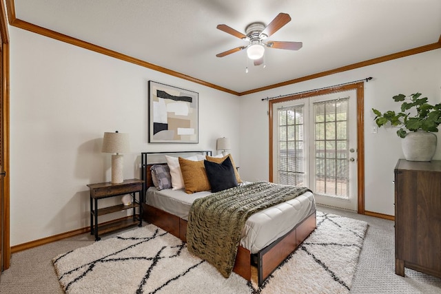 3 Hillview Dr, Round Rock, TX 78664 - bedroom featuring light colored carpet, baseboards, access to outside, and ornamental molding