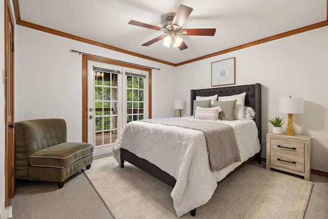 3 Hillview Dr, Round Rock, TX 78664 - carpeted bedroom with crown molding, access to exterior, and ceiling fan