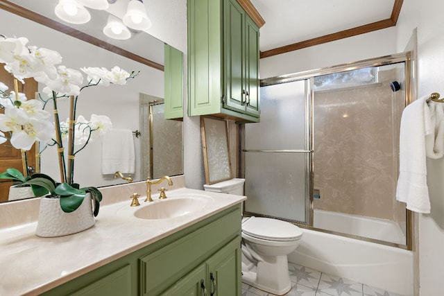 3 Hillview Dr, Round Rock, TX 78664 - bathroom with toilet, vanity, bath / shower combo with glass door, crown molding, and tile patterned flooring