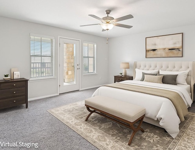 202 Delaware Mountains Ter, Dripping Springs, TX 78620 - bedroom with access to exterior, carpet, baseboards, and a ceiling fan