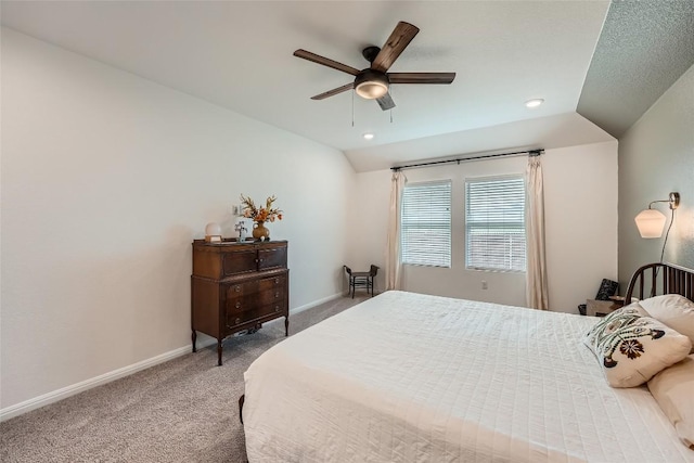 12904 Cerro Castellan Trce, Manor, TX 78653 - carpeted bedroom featuring baseboards, ceiling fan, recessed lighting, and vaulted ceiling