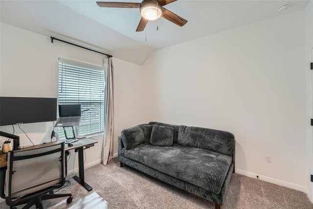 12904 Cerro Castellan Trce, Manor, TX 78653 - home office featuring healthy amount of natural light, light carpet, a ceiling fan, and lofted ceiling