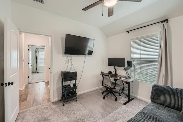 12904 Cerro Castellan Trce, Manor, TX 78653 - carpeted office featuring ceiling fan, lofted ceiling, and baseboards