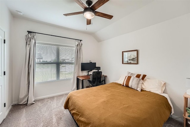 12904 Cerro Castellan Trce, Manor, TX 78653 - carpeted bedroom with baseboards, lofted ceiling, and a ceiling fan