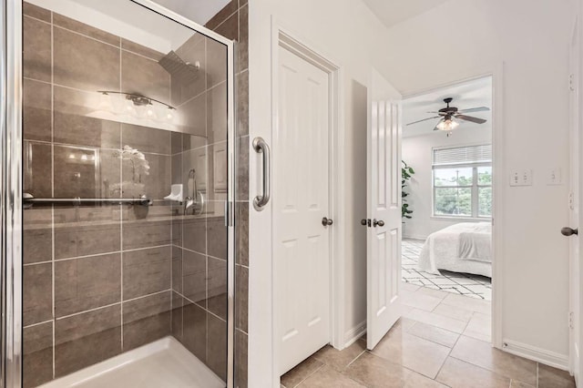 4508 Three Arrows Ct, Cedar Park, TX 78613 - bathroom featuring a shower stall, baseboards, a ceiling fan, and tile patterned flooring