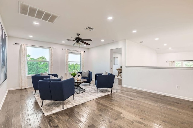 4508 Three Arrows Ct, Cedar Park, TX 78613 - living area with hardwood / wood-style floors, baseboards, a ceiling fan, and recessed lighting