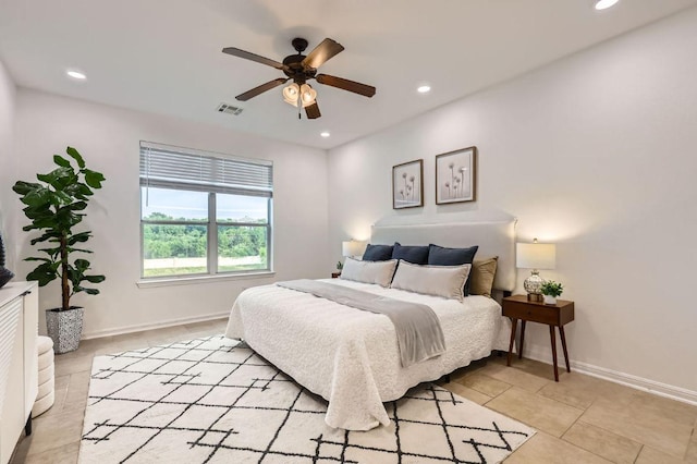 4508 Three Arrows Ct, Cedar Park, TX 78613 - bedroom featuring recessed lighting, baseboards, ceiling fan, and light tile patterned flooring