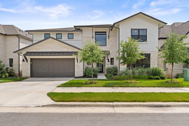 17804 Hattie Trce, Austin, TX 78738 - view of front facade with a garage, concrete driveway, stone siding, a front lawn, and central AC unit
