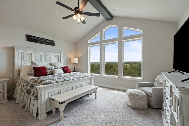 17804 Hattie Trce, Austin, TX 78738 - bedroom featuring light colored carpet, beam ceiling, ceiling fan, baseboards, and high vaulted ceiling