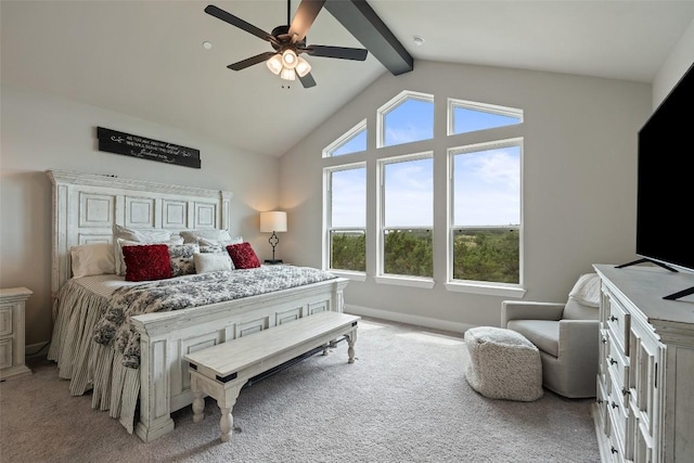 17804 Hattie Trce, Austin, TX 78738 - bedroom with light colored carpet, beam ceiling, ceiling fan, and high vaulted ceiling