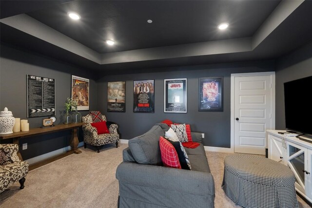 17804 Hattie Trce, Austin, TX 78738 - carpeted home theater featuring a raised ceiling, baseboards, and recessed lighting