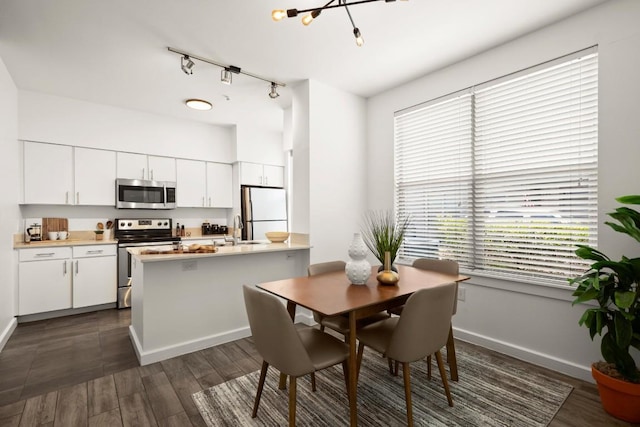 1201 Grove Blvd Unit 1103, Austin, TX 78741 - dining space with baseboards, a chandelier, dark wood-type flooring, and track lighting