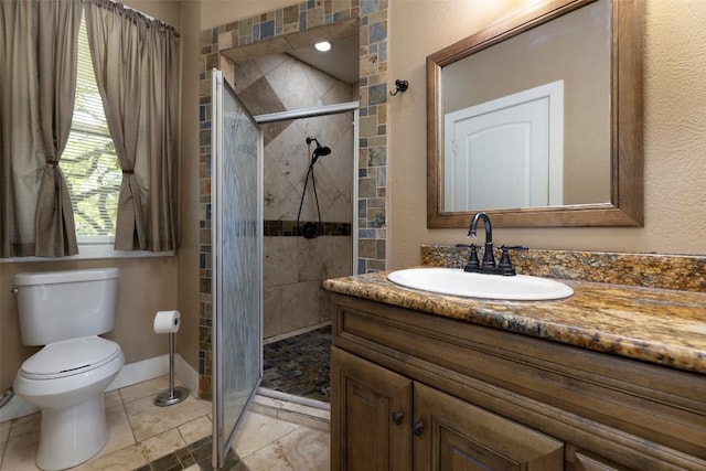 15055 Fm 32, Blanco, TX 78606 - full bathroom featuring vanity, a stall shower, toilet, baseboards, and tile patterned floors