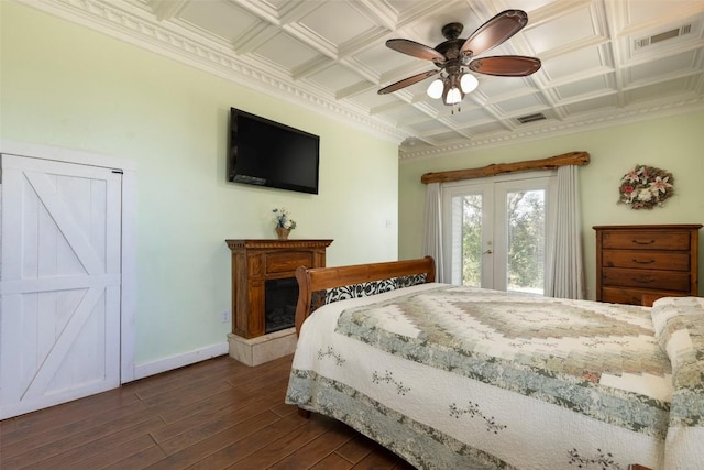 15055 Fm 32, Blanco, TX 78606 - bedroom featuring dark wood-style flooring, access to exterior, baseboards, french doors, and ceiling fan