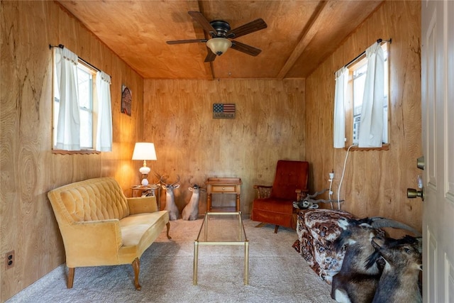 42 Laurel Hill St, Austin, TX 78737 - sitting room featuring ceiling fan, carpet flooring, and wood walls