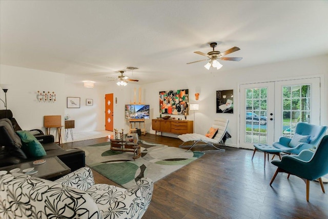 1601 E 19th St, Georgetown, TX 78626 - living room featuring a ceiling fan, french doors, and wood finished floors