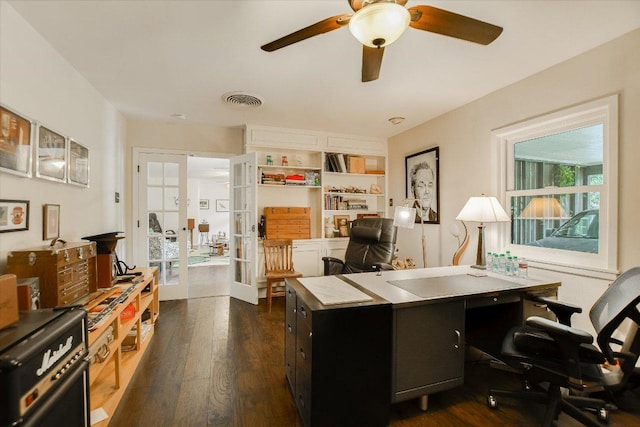1601 E 19th St, Georgetown, TX 78626 - office with french doors, ceiling fan, and dark wood-type flooring