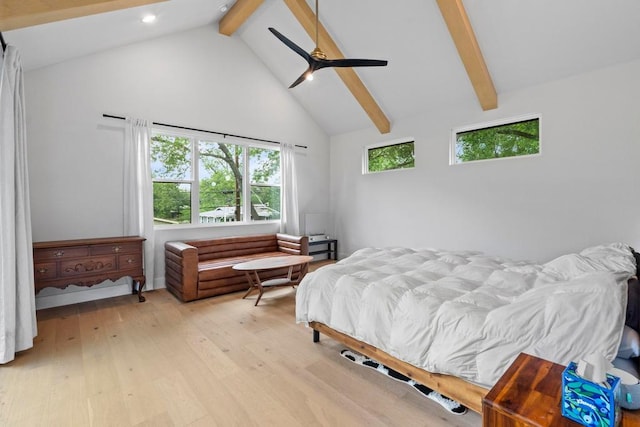 1708 Morrow St, Austin, TX 78757 - bedroom with beamed ceiling, high vaulted ceiling, light wood-type flooring, recessed lighting, and ceiling fan