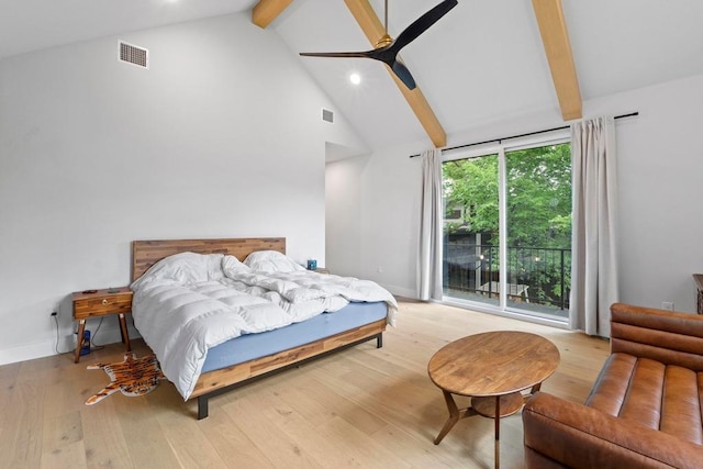 1708 Morrow St, Austin, TX 78757 - bedroom featuring beamed ceiling, high vaulted ceiling, wood finished floors, baseboards, and recessed lighting
