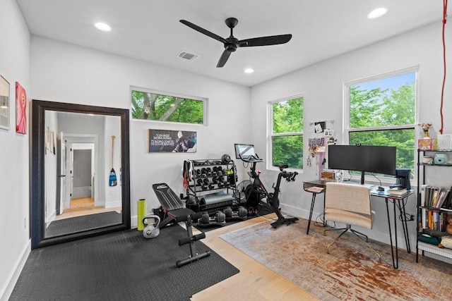 1708 Morrow St, Austin, TX 78757 - exercise area featuring a ceiling fan, baseboards, recessed lighting, and wood finished floors