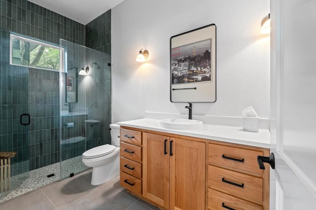1708 Morrow St, Austin, TX 78757 - full bathroom featuring vanity, a stall shower, toilet, and tile patterned flooring