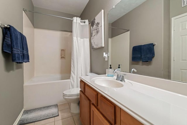 14034 Chelseahurst Ln, Houston, TX 77047 - bathroom with shower / tub combo with curtain, vanity, toilet, and tile patterned flooring