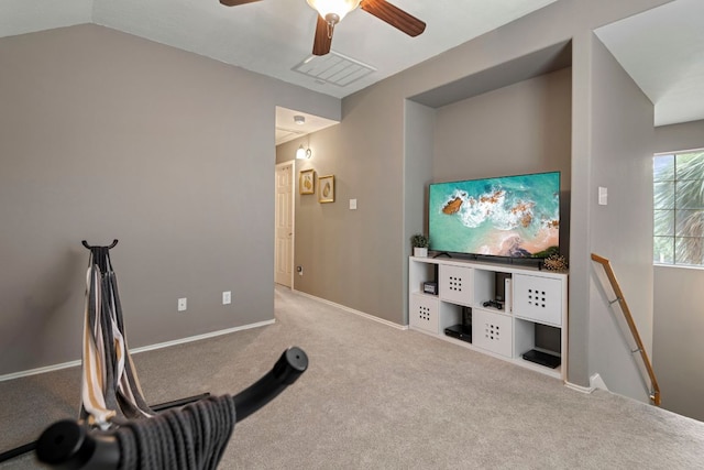 14034 Chelseahurst Ln, Houston, TX 77047 - workout room featuring carpet flooring, a ceiling fan, and baseboards