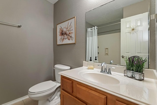14034 Chelseahurst Ln, Houston, TX 77047 - bathroom featuring toilet, vanity, tile patterned floors, and curtained shower