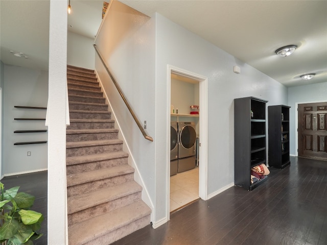 6900 Midlothian Dr, Austin, TX 78754 - stairway with washing machine and dryer, wood finished floors, and baseboards