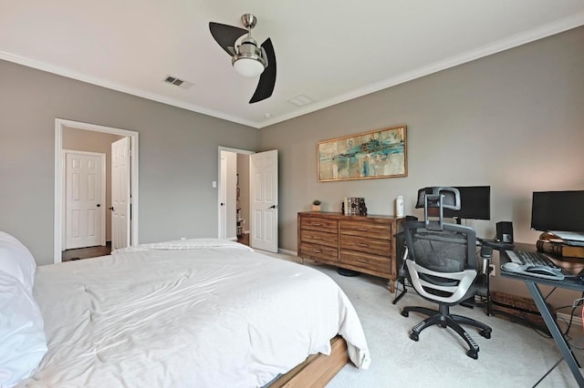 1192 Clark Brothers Dr, Buda, TX 78610 - bedroom featuring crown molding, an office area, light colored carpet, and a ceiling fan