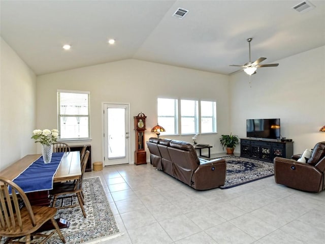 913 Swan Flower St, Leander, TX 78641 - living room with ceiling fan, lofted ceiling, and light tile patterned floors