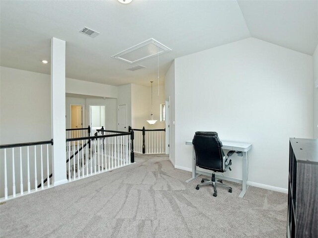 913 Swan Flower St, Leander, TX 78641 - home office with attic access, carpet, and lofted ceiling